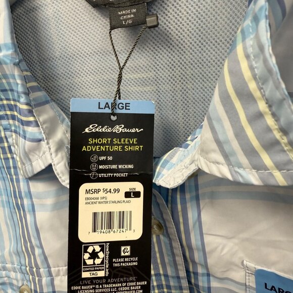 Eddie Bauer Short Sleeve Adventure Shirt Large Blue Plaid Quick Dry Lightweight - Picture 6 of 6
